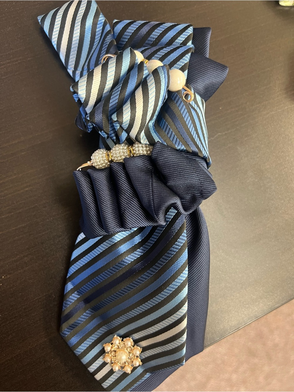 Elegant Navy and Light Blue Ribbon Necklace with Pearl and Crystal Accents